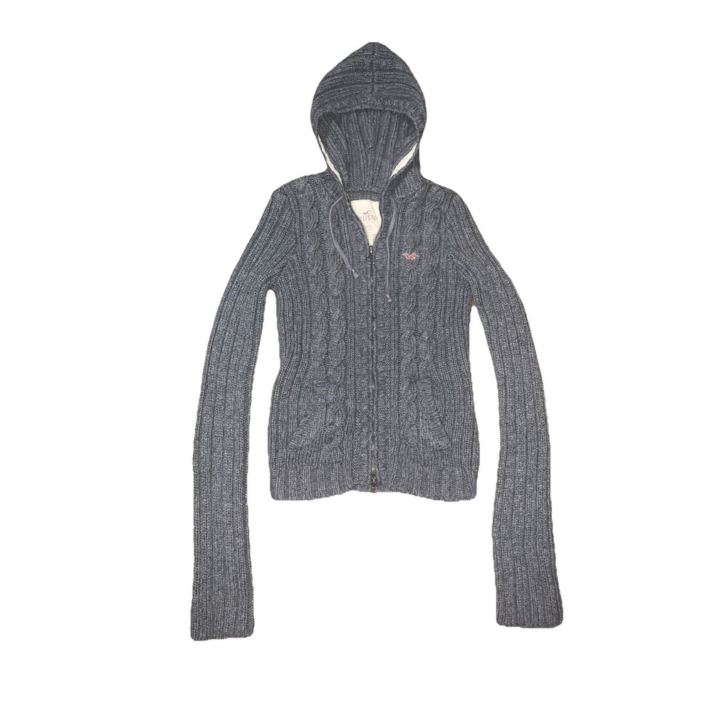 VTG Y2K‎ Hollister Womens L Full Zip Slim Sweater Hoodie Gray Cable Knit Wool